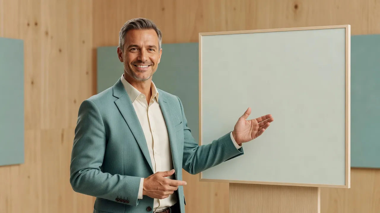 Friendly course host presenting to camera beside a simple slide