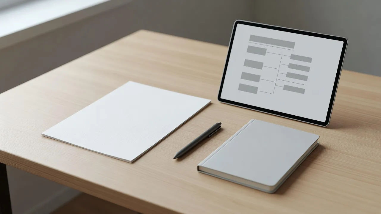 Lesson script beside a laptop showing a course outline