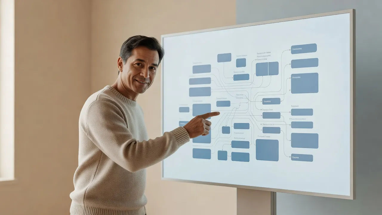 Patient trainer pointing to a labeled diagram on screen
