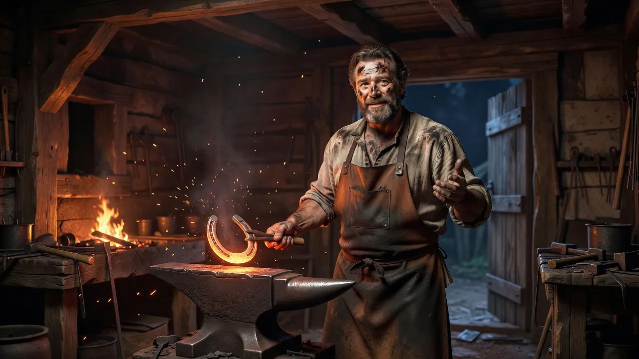 Village blacksmith at a glowing forge mid-conversation