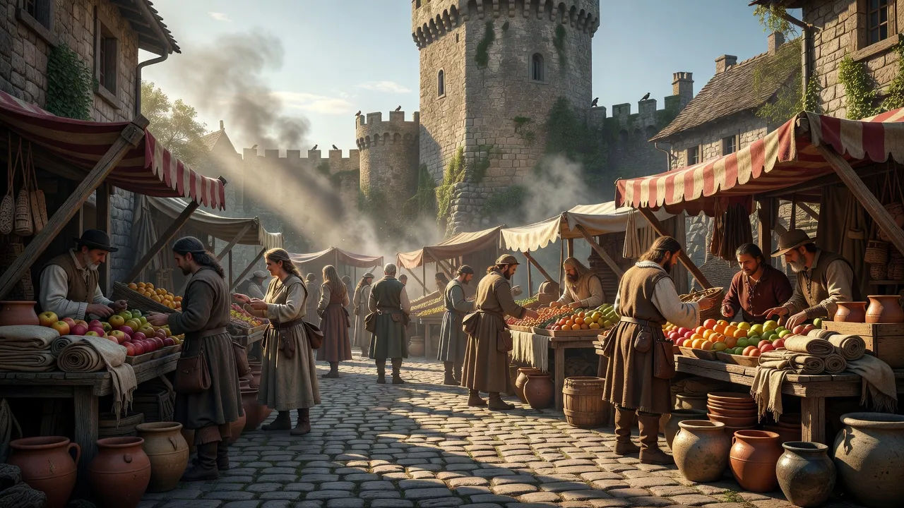 Bustling fantasy market square full of stallholders