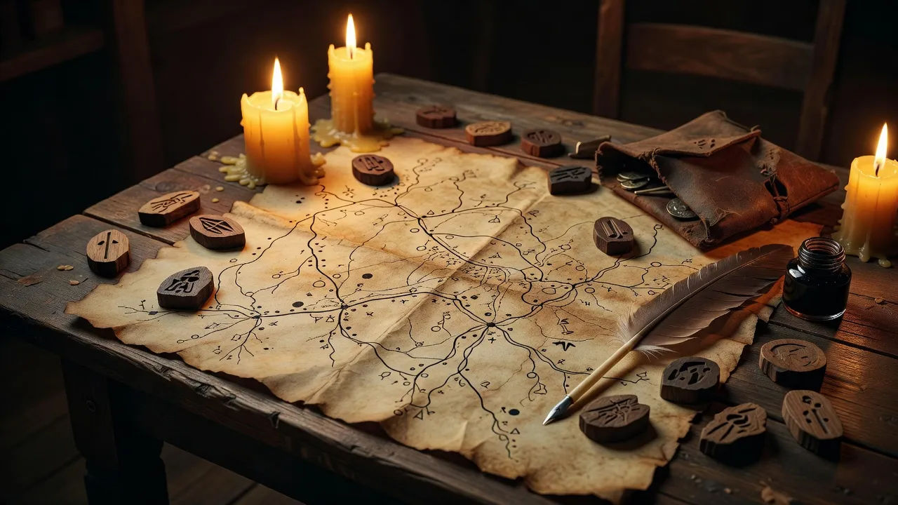 Branching quest dialogue laid out on a wooden table