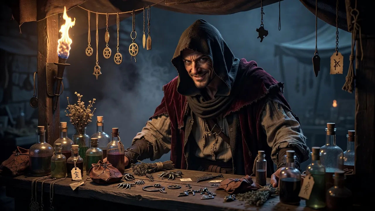 Hooded merchant haggling at a torchlit stall