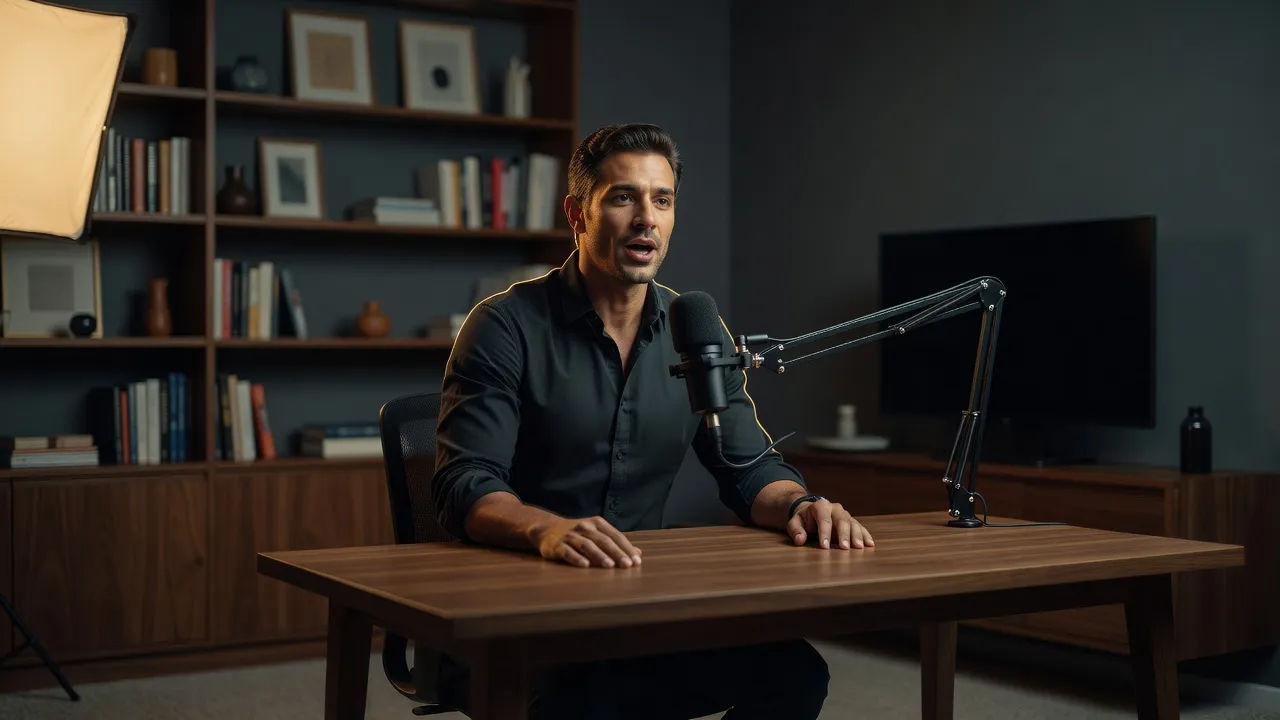 Host speaking to camera in a widescreen video studio