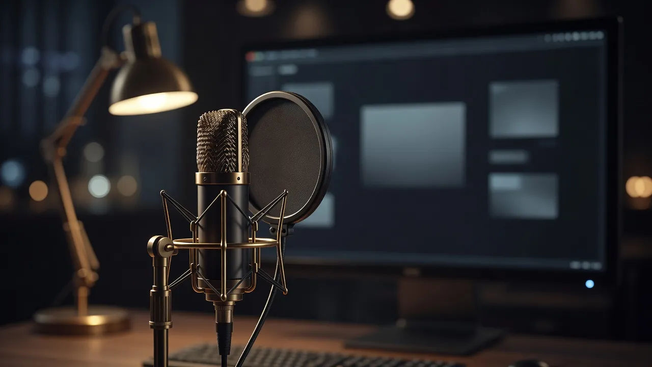 Microphone and monitor showing a YouTube editing layout