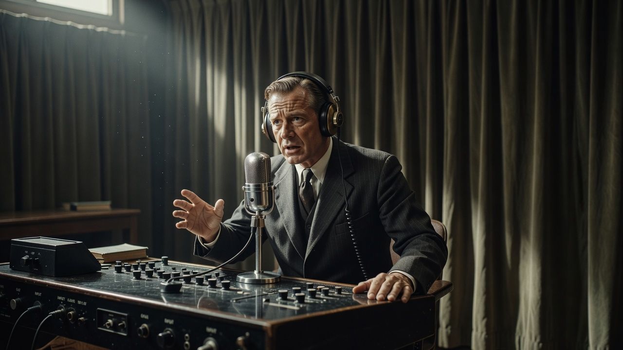 Announcer in a wartime-era broadcast booth speaking into a ribbon microphone