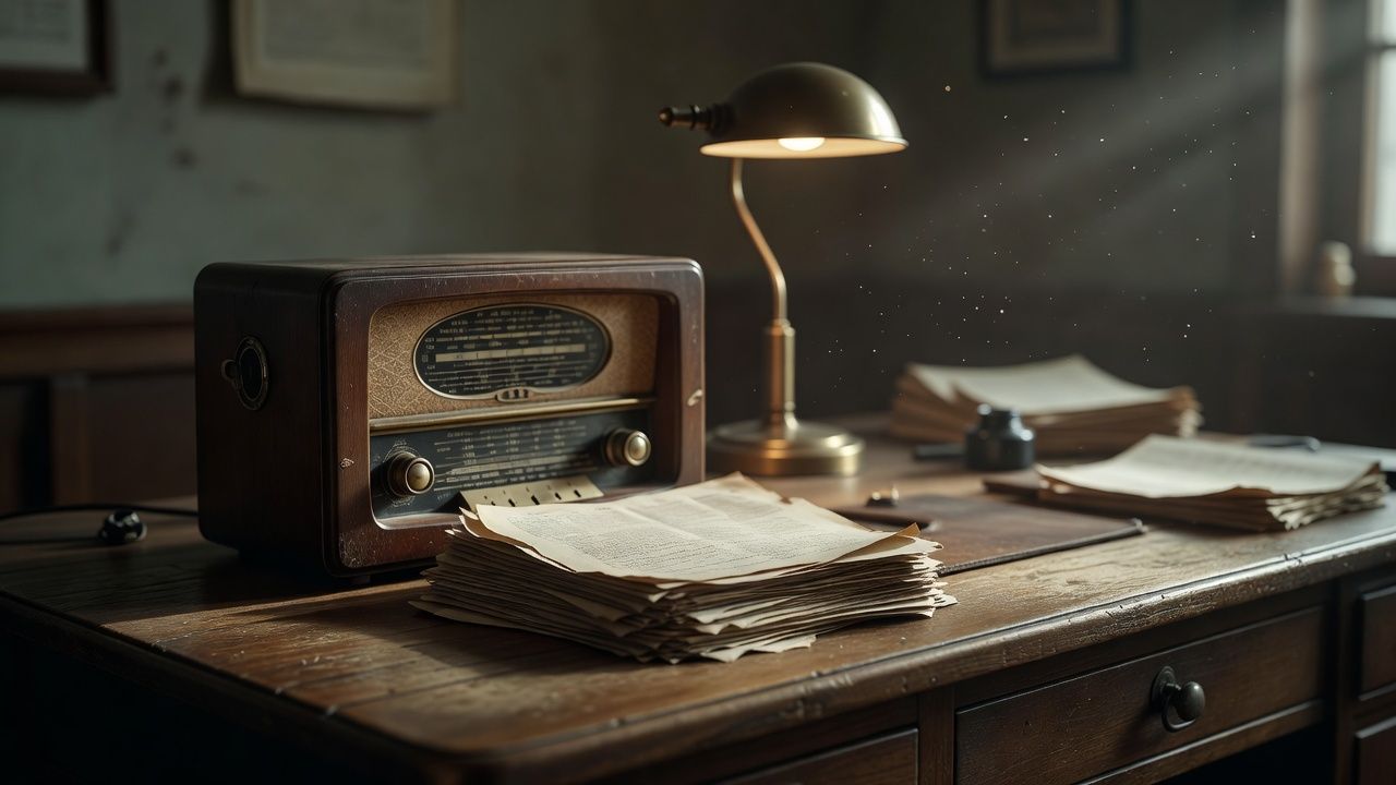 Vintage console radio and a stack of bulletin sheets on a desk