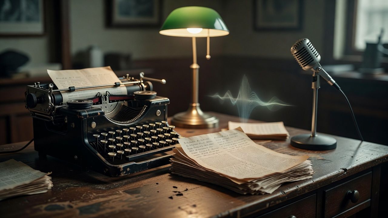 Typewriter and a sheaf of news copy under a desk lamp