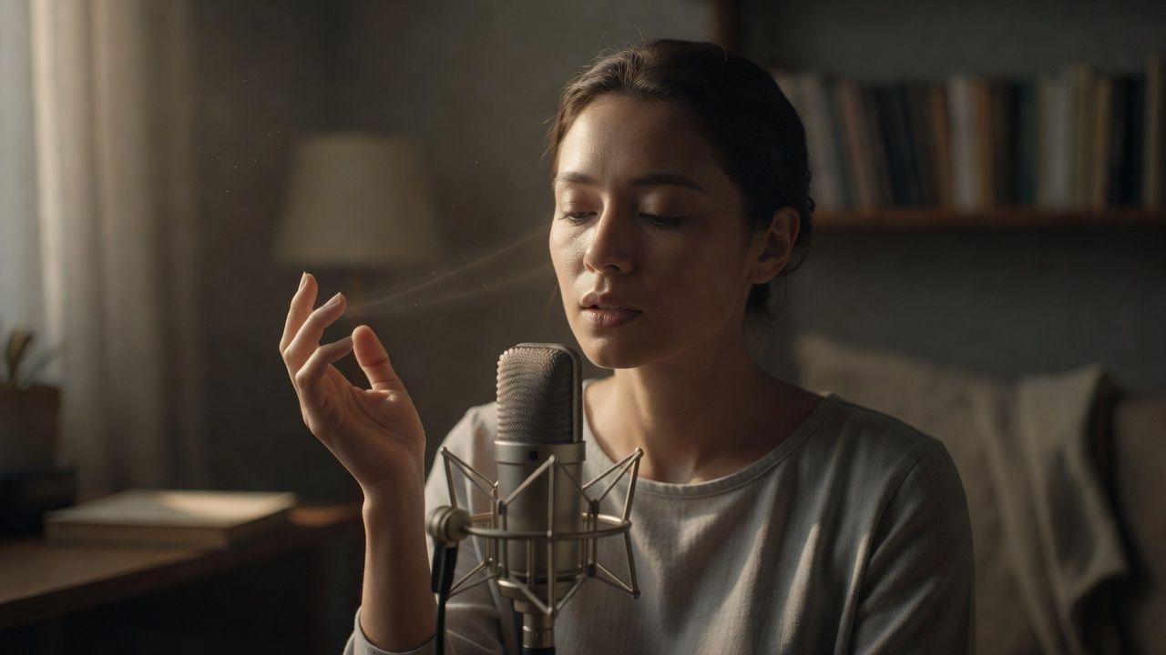 Person speaking softly into a microphone in a dim, calm room