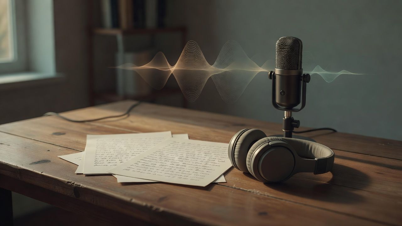 Script pages beside soft headphones on a calm wooden desk