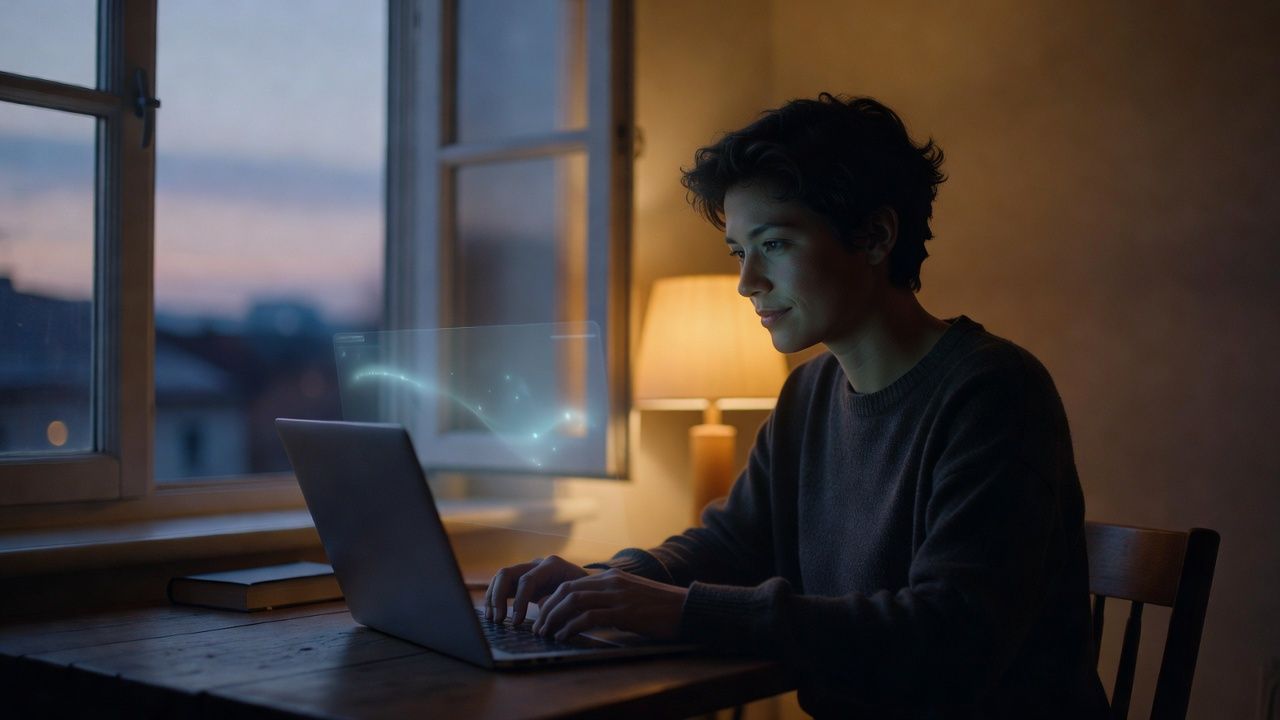 Soft glowing lamp beside an open window at twilight