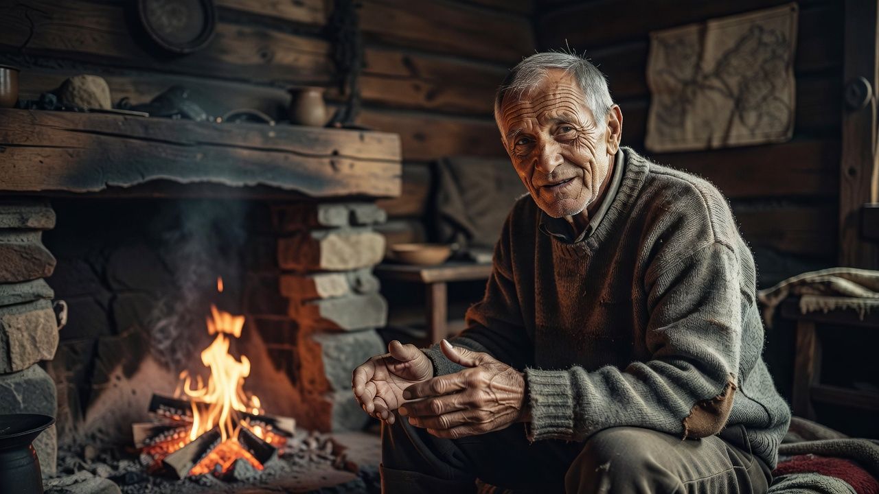 Elderly figure telling a story beside a crackling fire in a wooden cabin