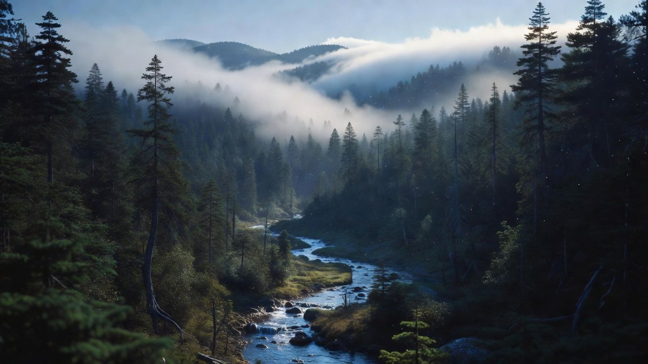 Mist rolling over forested ridges and a winding mountain creek