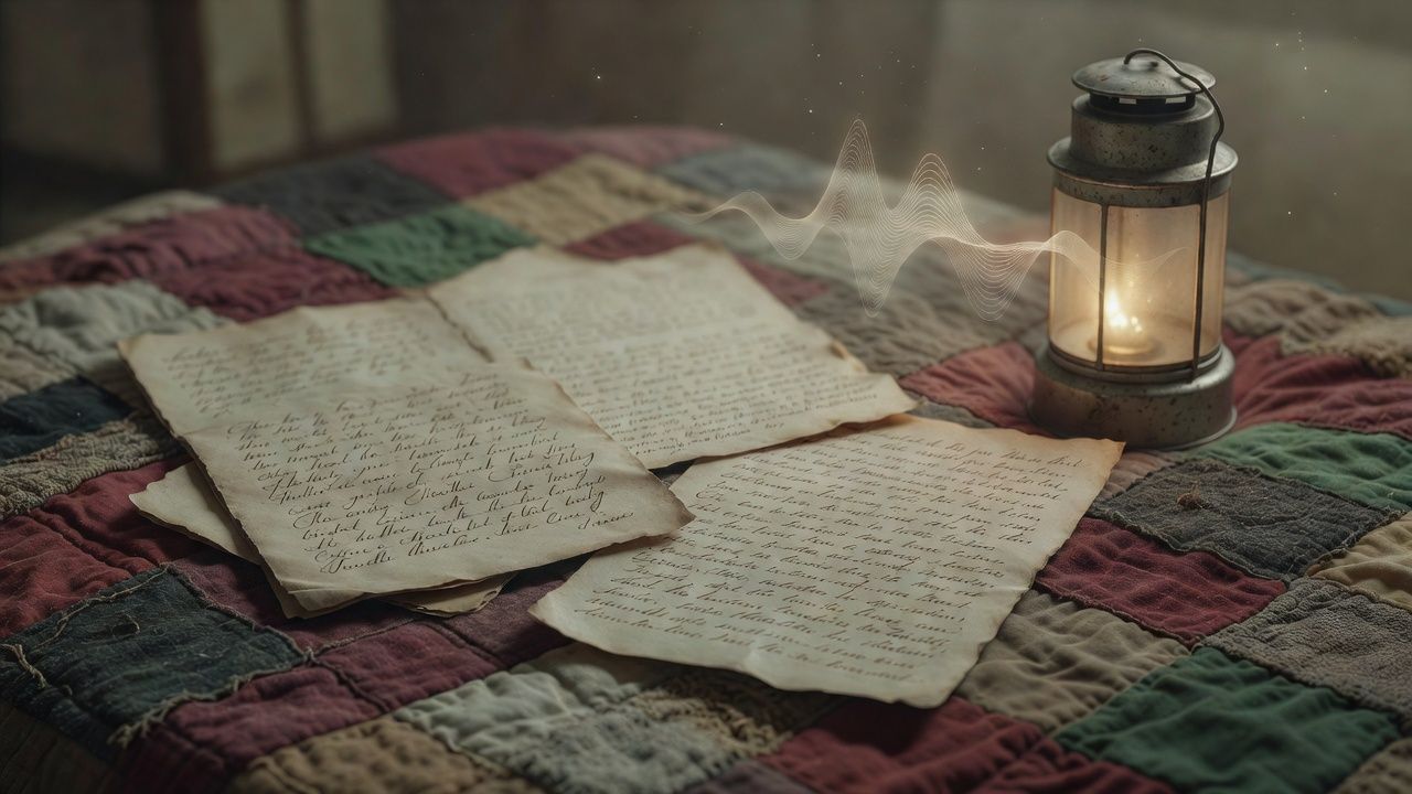Handwritten folk-tale pages on a quilt beside a tin lantern