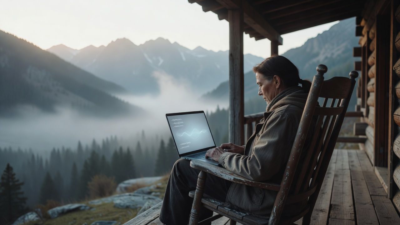 Rocking chair on a cabin porch overlooking a foggy mountain valley
