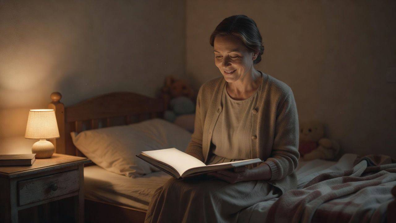 Storyteller reading from a picture book beside a dim nightlight