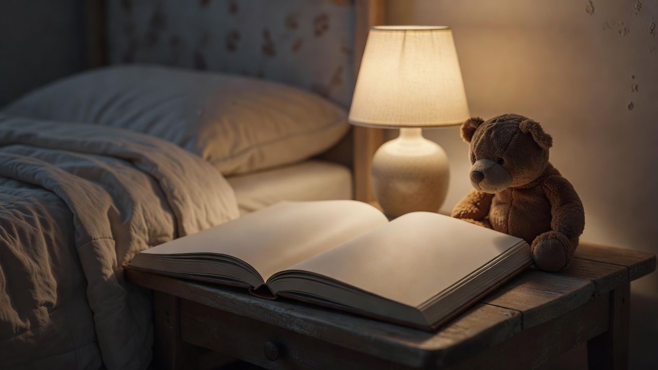Open picture book and plush toy on a cozy bedside table