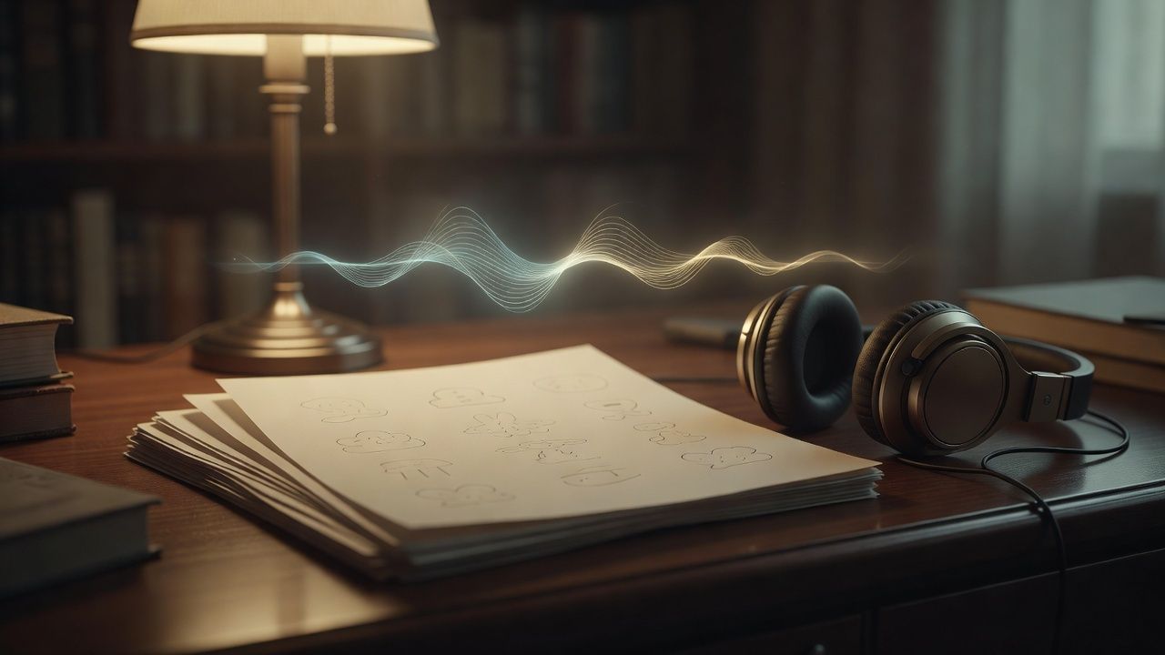 Children's manuscript pages on a desk beside soft headphones