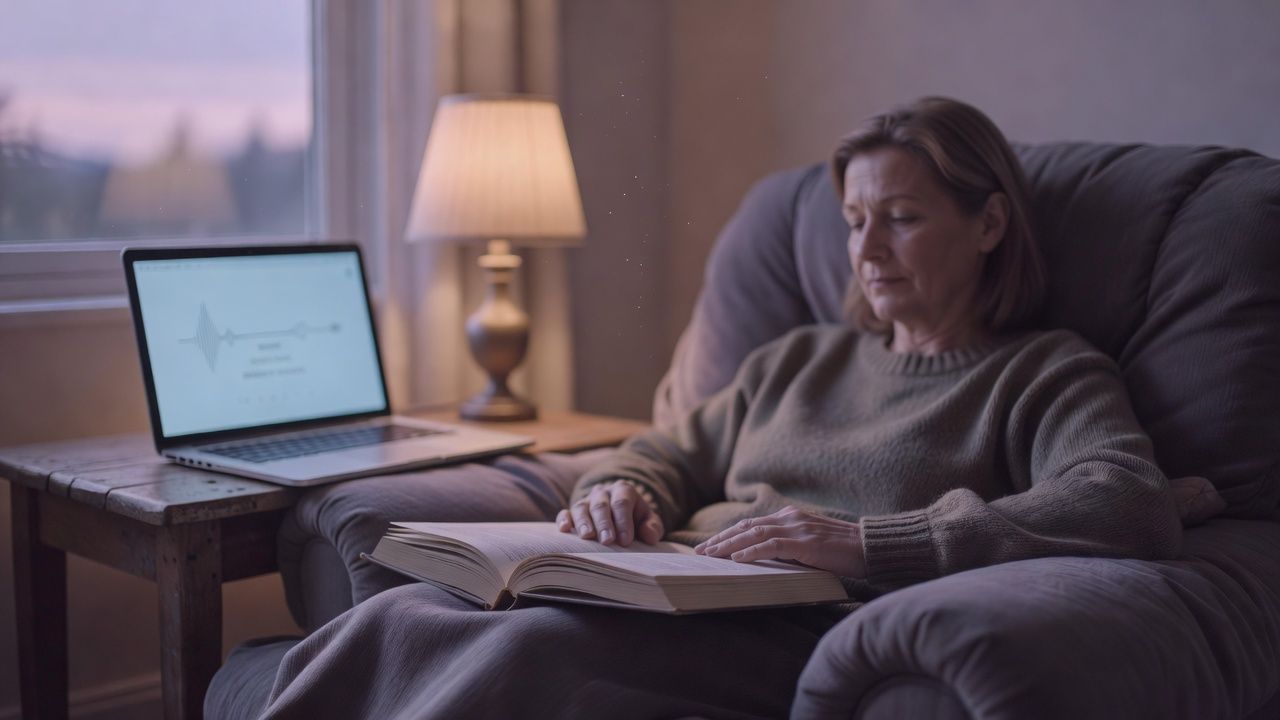 Parent settling into an armchair with an open storybook at dusk