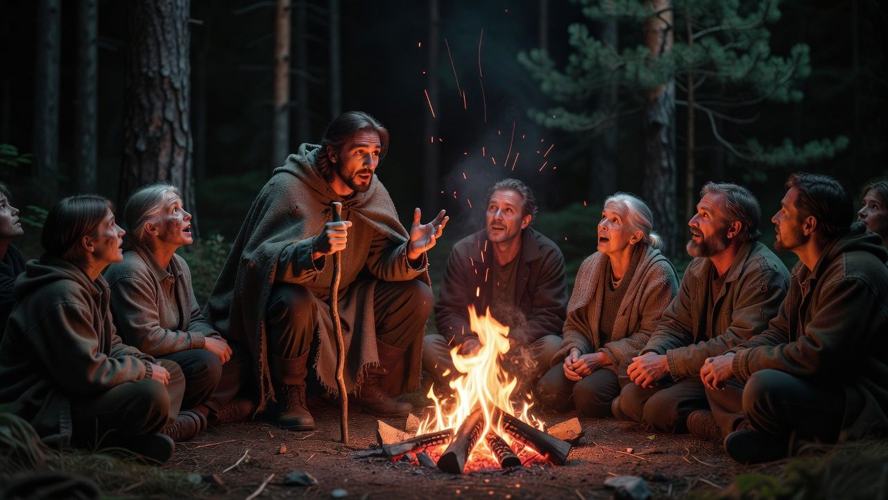 Storyteller leaning toward a campfire at night with faces watching in the glow