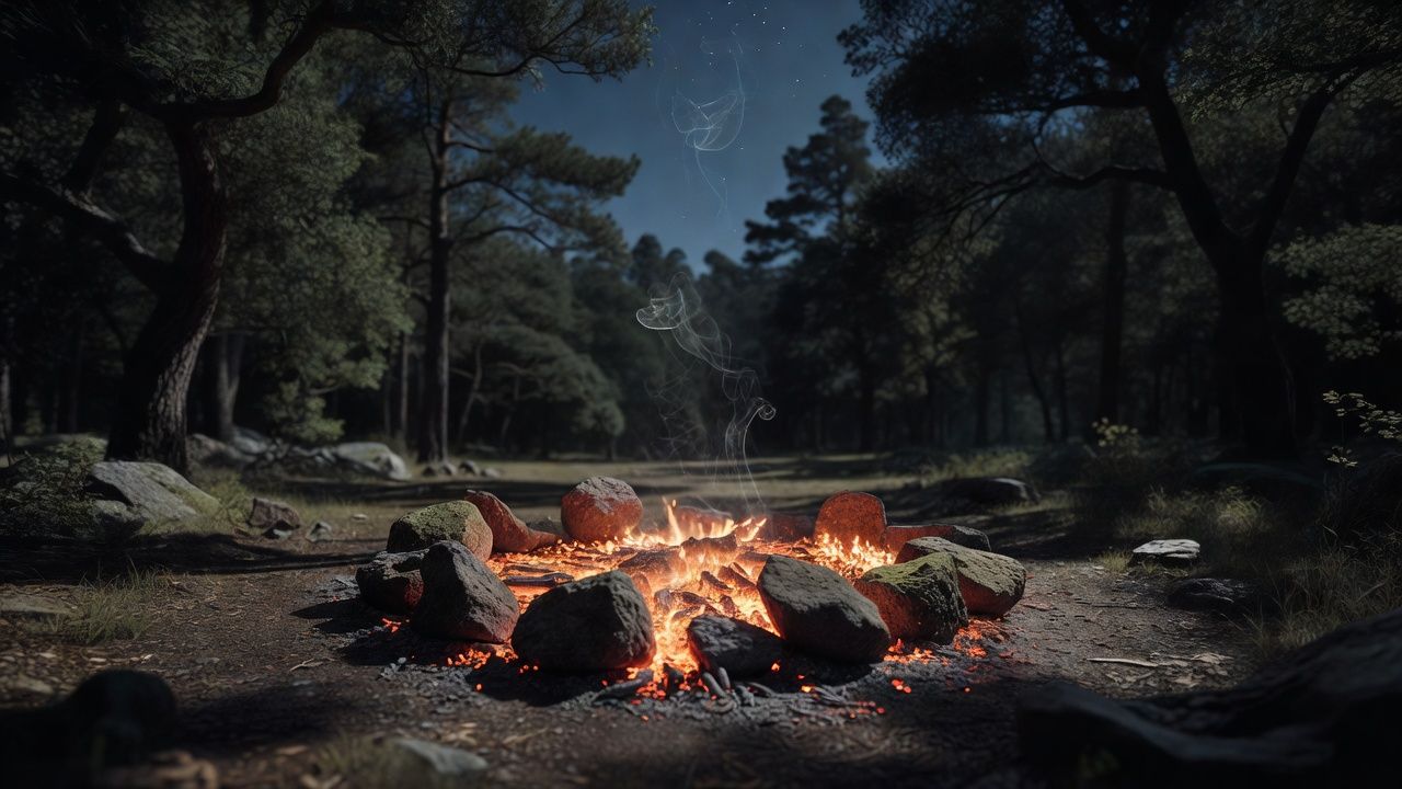 Ring of stones around glowing embers with shadowy trees behind