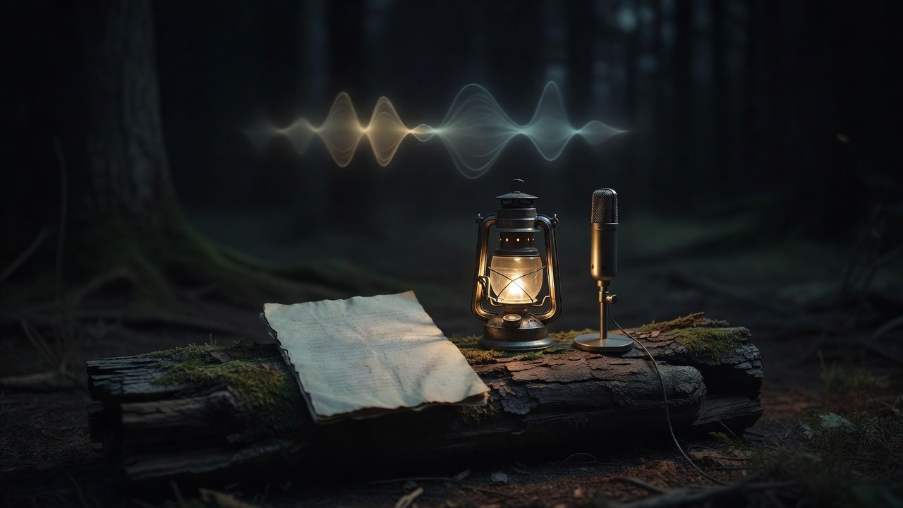 Open notebook of handwritten tales beside a lantern on a log