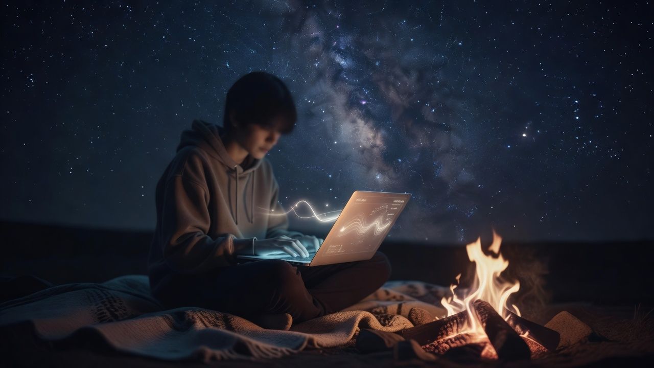 Hands warming over a small fire under a starlit sky