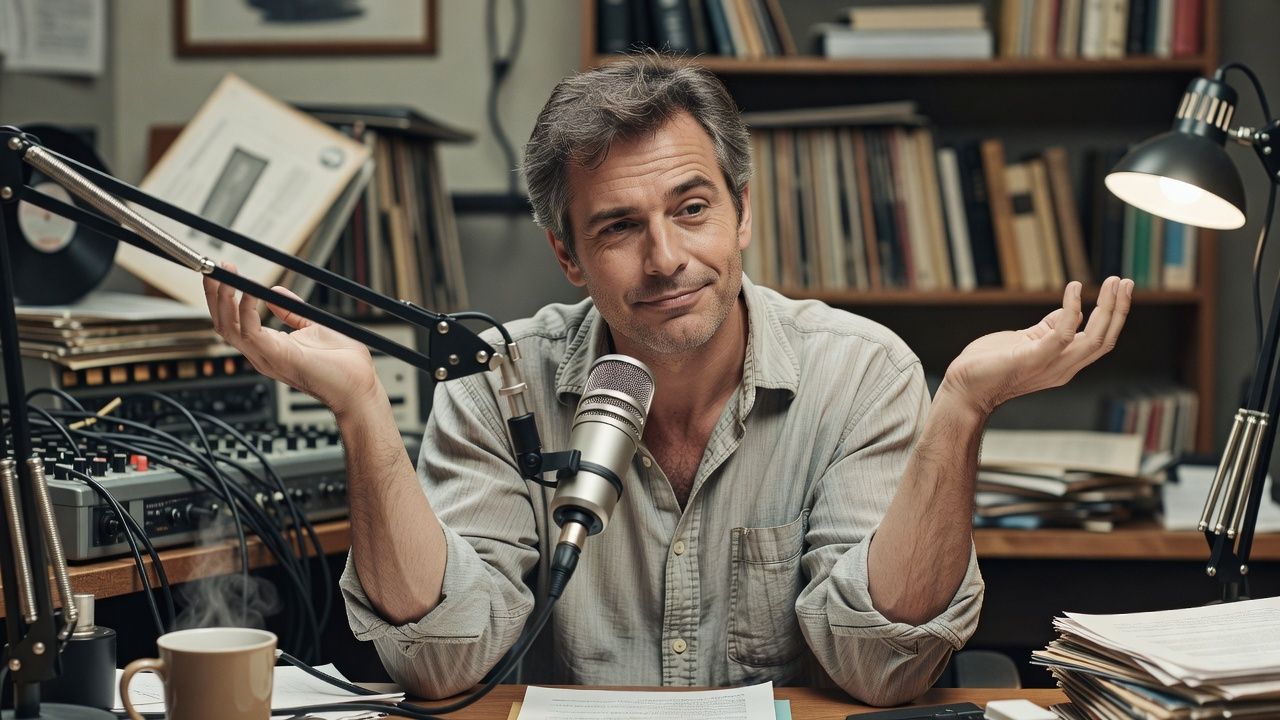 Comic host mid-shrug at a microphone with an amused raised eyebrow