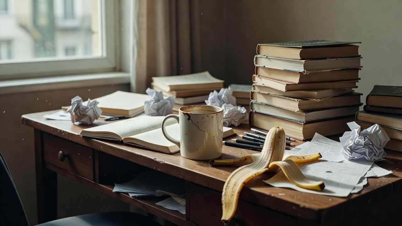 Cluttered desk with a coffee mug, a banana peel, and dog-eared paperbacks