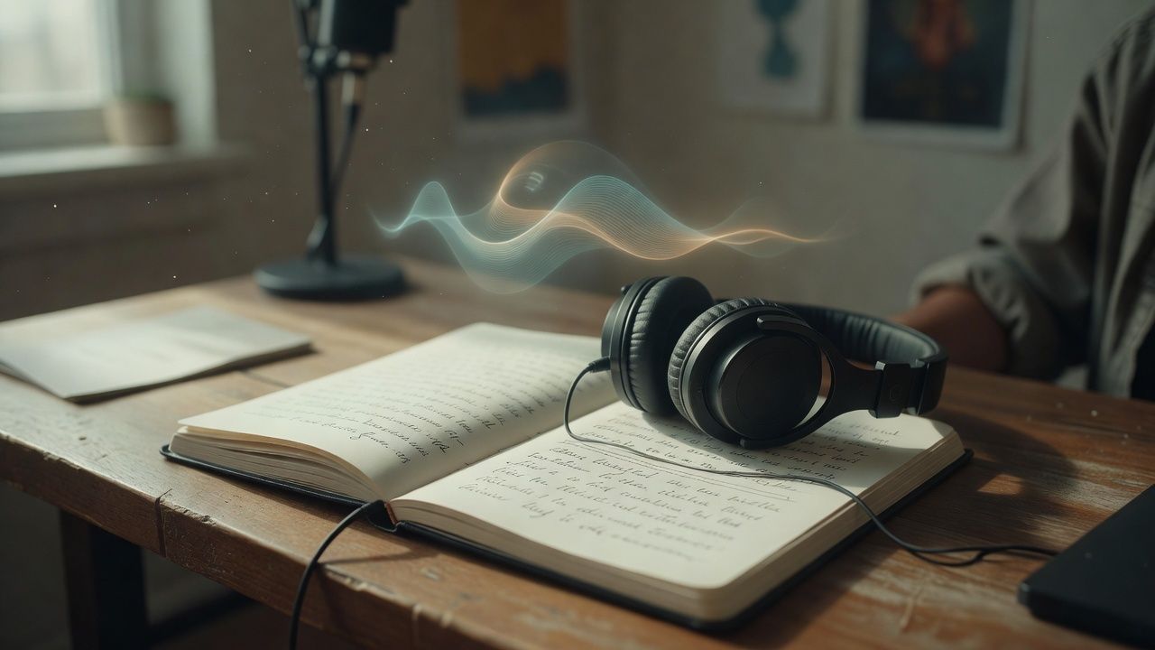 Open script with a few lines underlined beside a pair of studio headphones