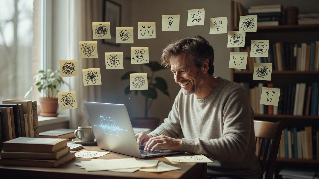 Writer chuckling at a laptop with sticky notes of jokes pinned around the screen