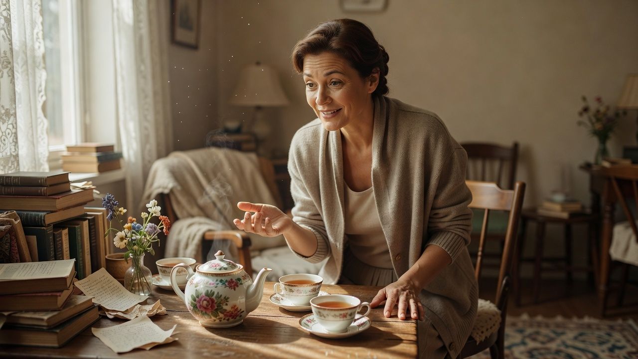 Smiling host in a cozy tea room with a pot and patterned cups on the table
