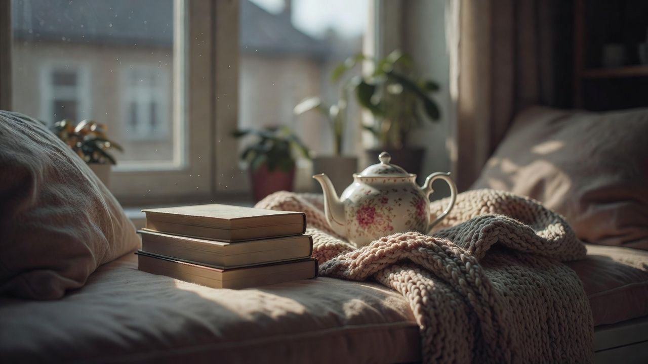 Cozy paperbacks beside a teapot and a knitted blanket on a window seat