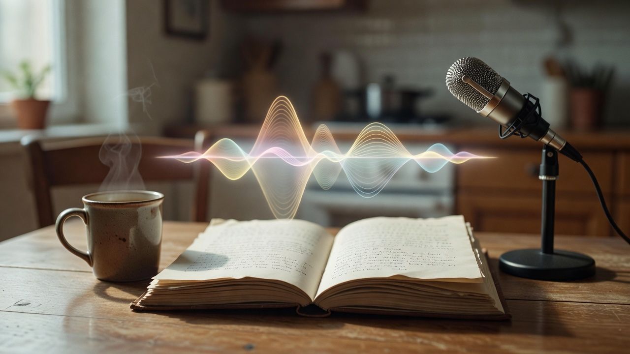 Open manuscript pages on a kitchen table beside a steaming mug