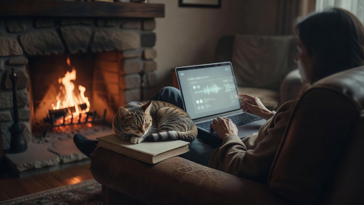 Reader settled in an armchair by a fireplace with an open book and a cat