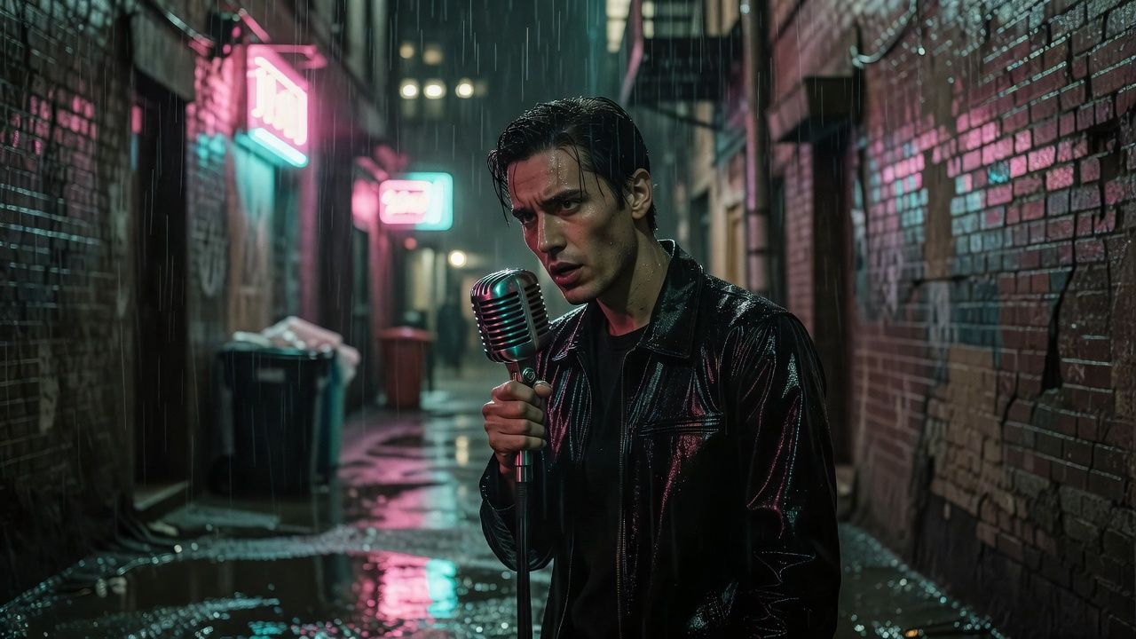 Figure narrating into a microphone under neon glow in a rainy alley
