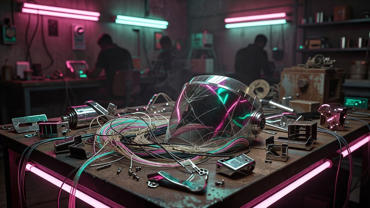 Cracked visor and tangled cables on a neon-lit workbench