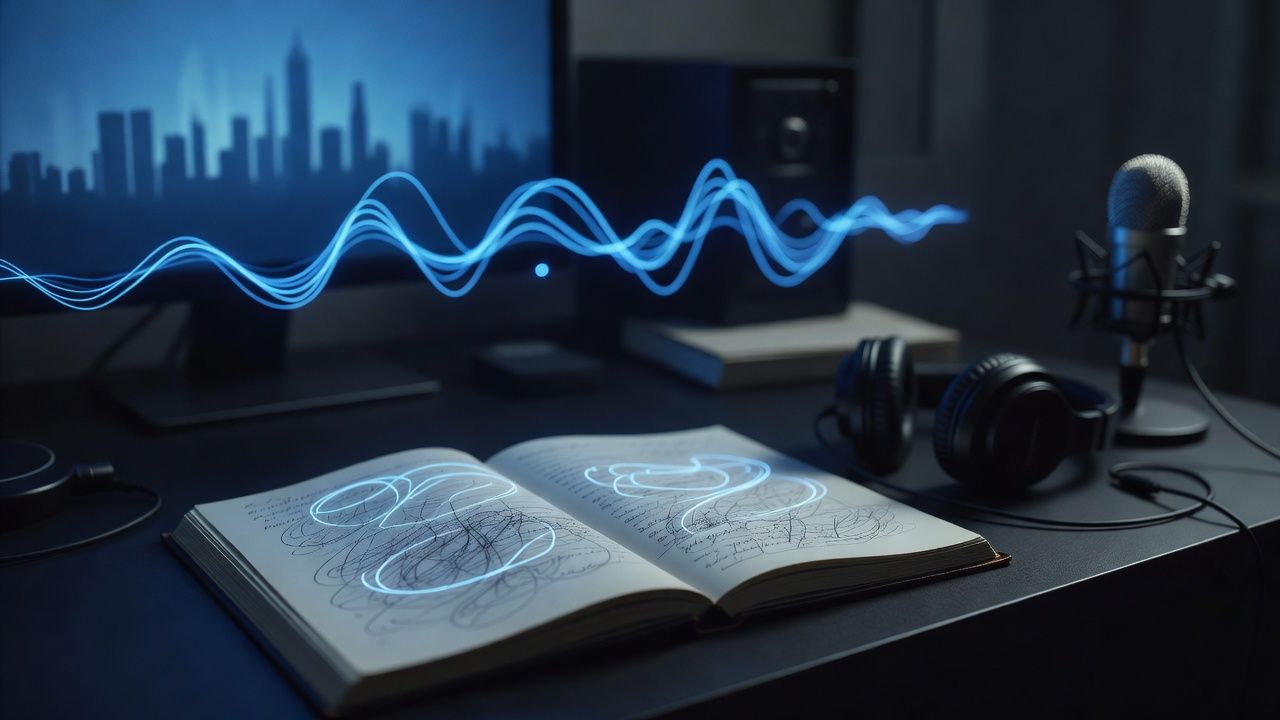 Open manuscript glowing beside a city-skyline monitor and headphones