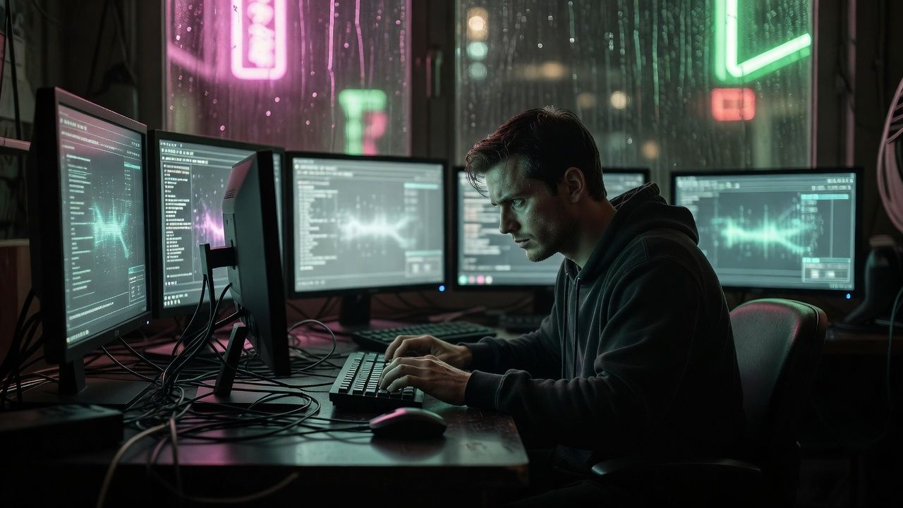 Hacker hunched over glowing screens in a cramped neon room