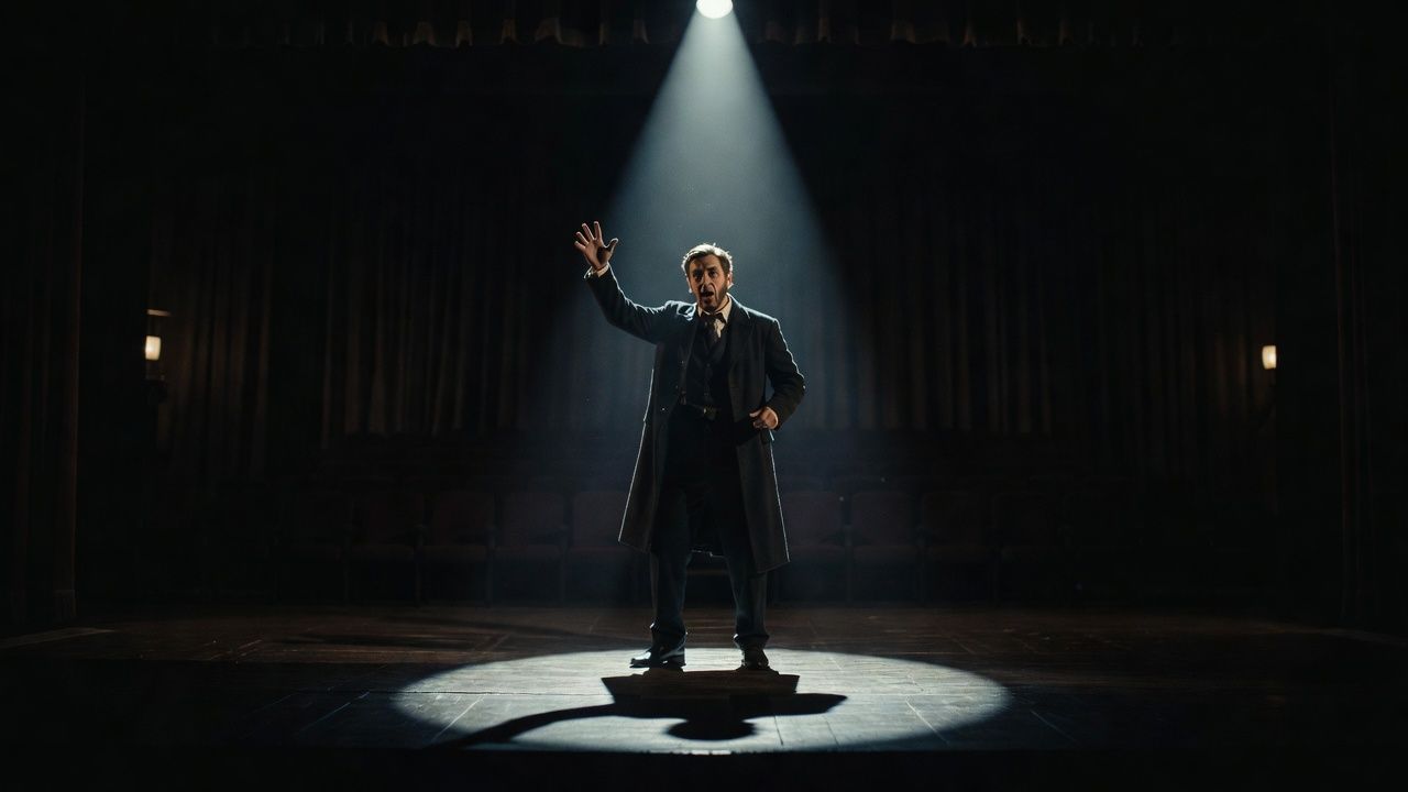 Orator mid-gesture on a darkened stage lit by a single dramatic spotlight