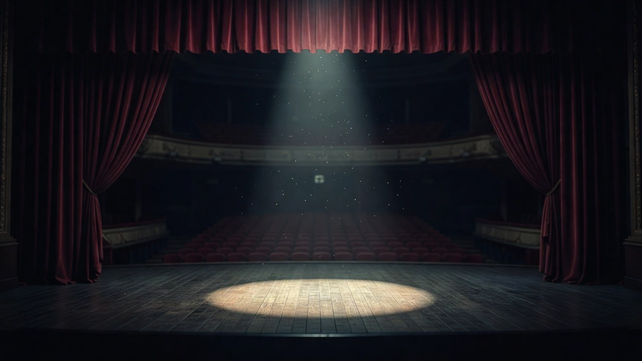 Empty grand theatre stage with heavy red curtains and a lone spotlight