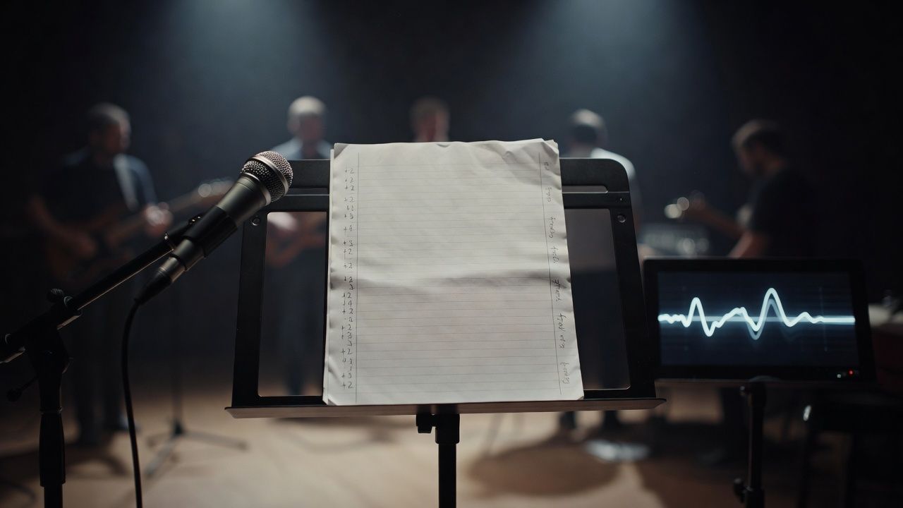 Open script marked with timing notes on a music stand under stage lights