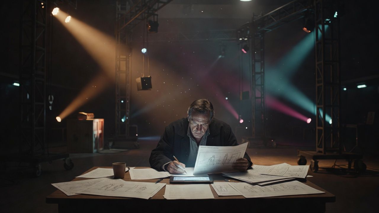 Director reviewing storyboards backstage beside dramatic theatrical lighting rigs