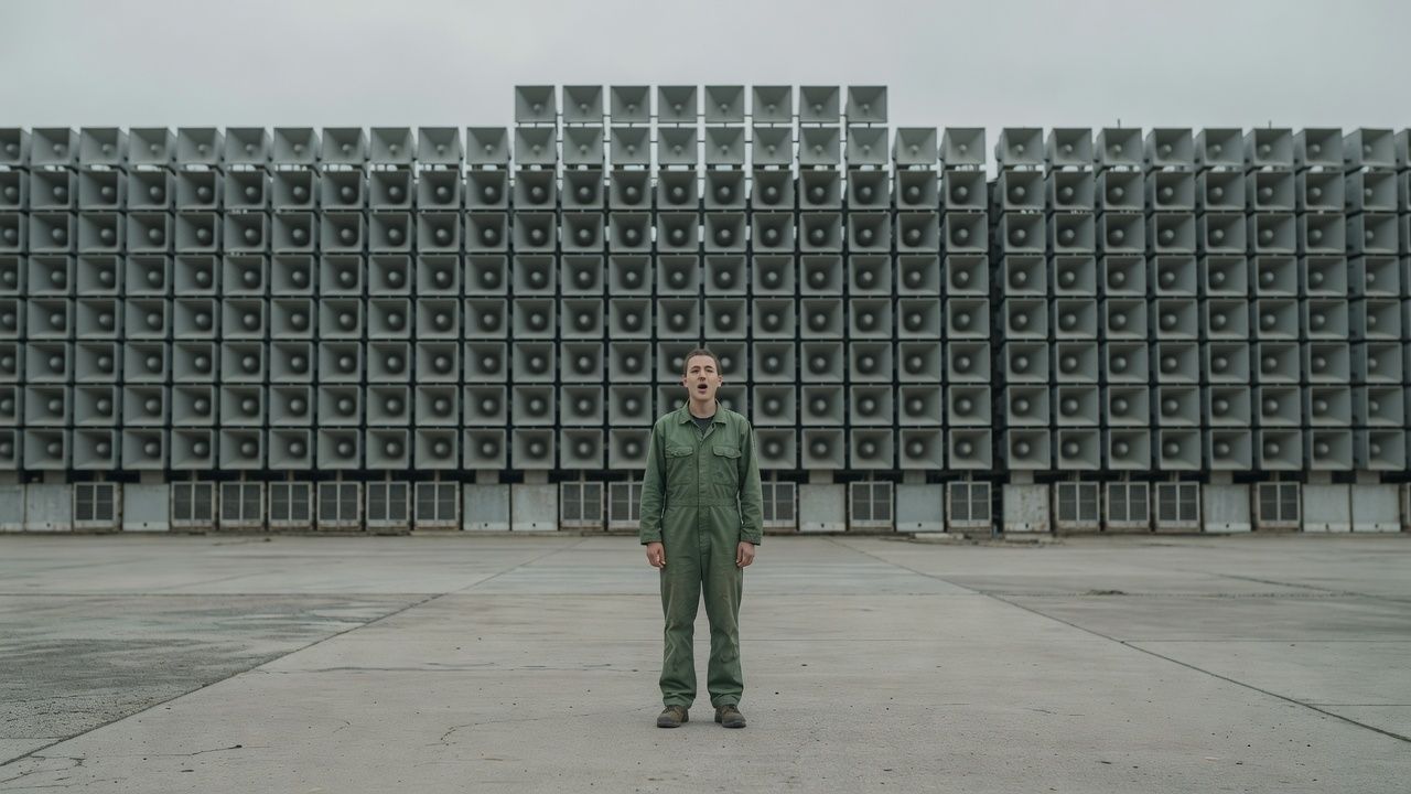 Lone figure facing a wall of grey loudspeakers in a concrete plaza