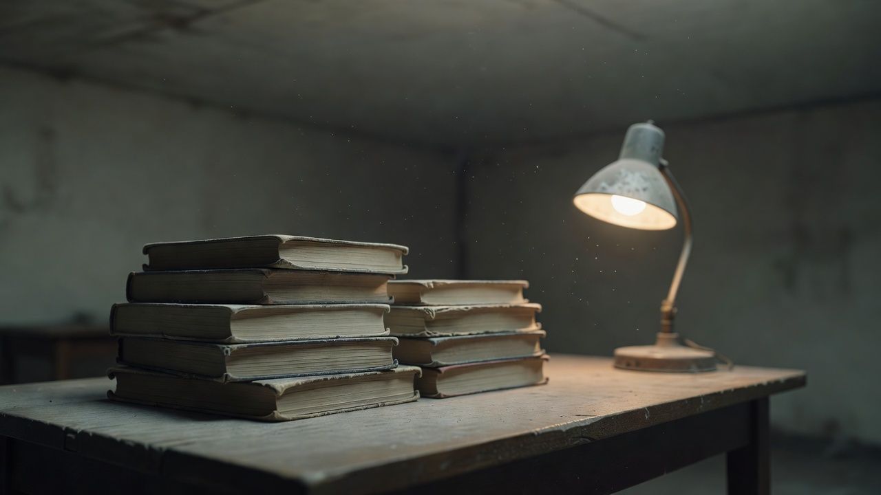 Stack of worn paperbacks beside a flickering desk lamp in a dim room