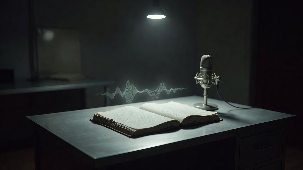 Open manuscript pages on a metal desk under a bare bulb