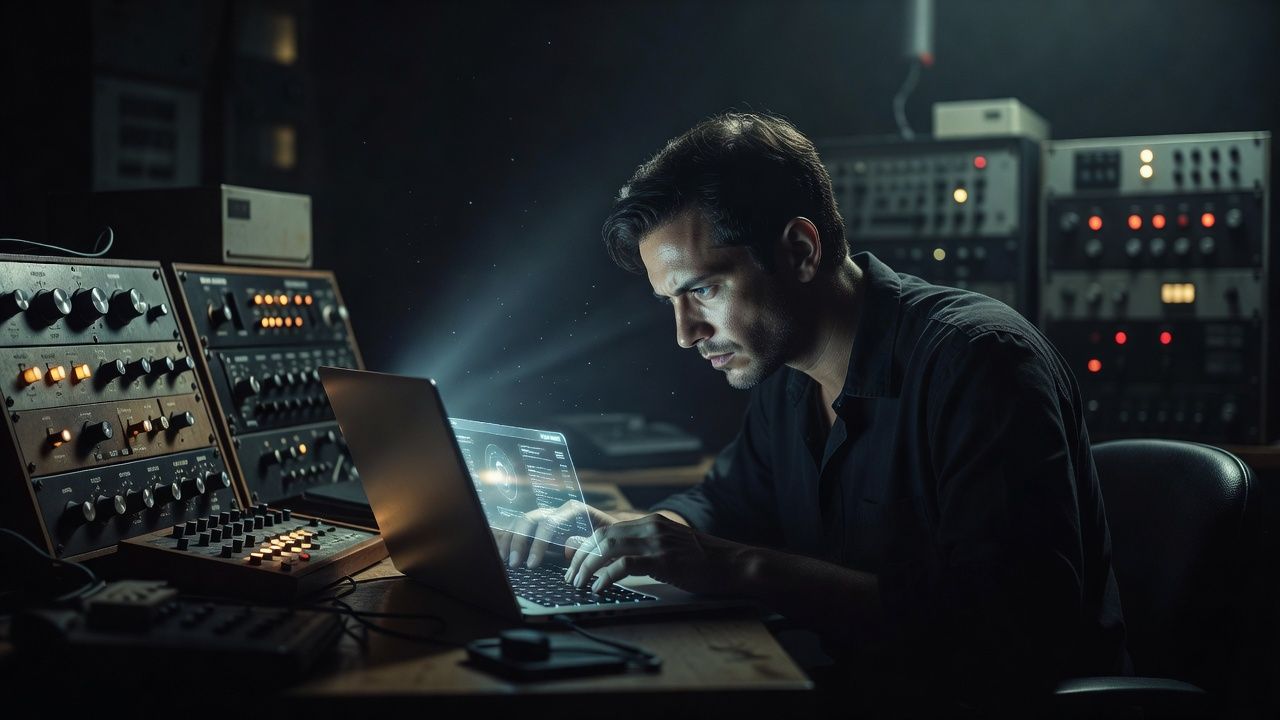 Bank of dials and switches glowing faintly in a darkened control room