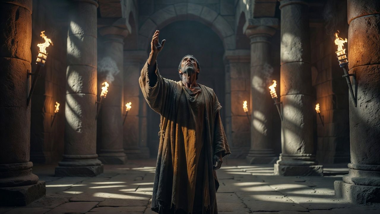 Robed reciter standing before a stone hall lit by torchlight