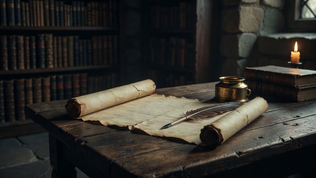 Aged scroll and quill resting on a heavy wooden table