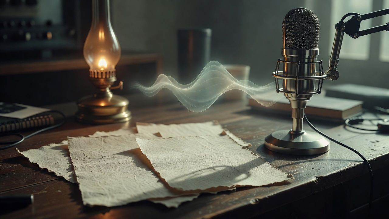Handwritten verse pages spread beside a brass lamp